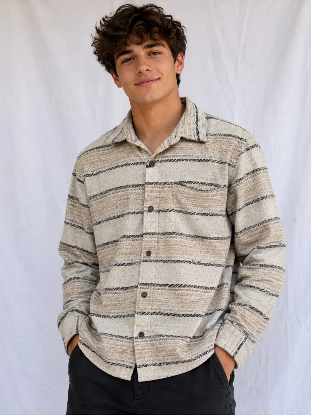 Old Navy Boys Textured Cloud Fleece Striped Button Up Shacket Shirt - Youth XL